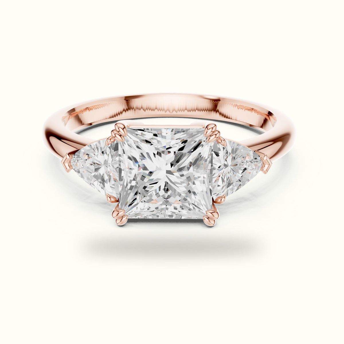 Princess Three-Stone Lab-Grown Diamond Ring — Rose gold, front view | Crystal N Cuts