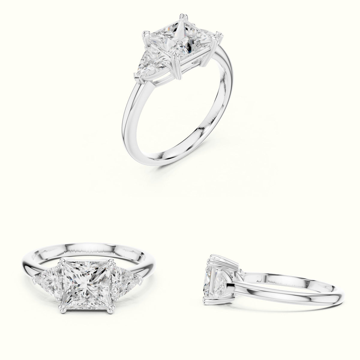 Princess Three-Stone Lab-Grown Diamond Ring — White gold, on the hand | Crystal N Cuts