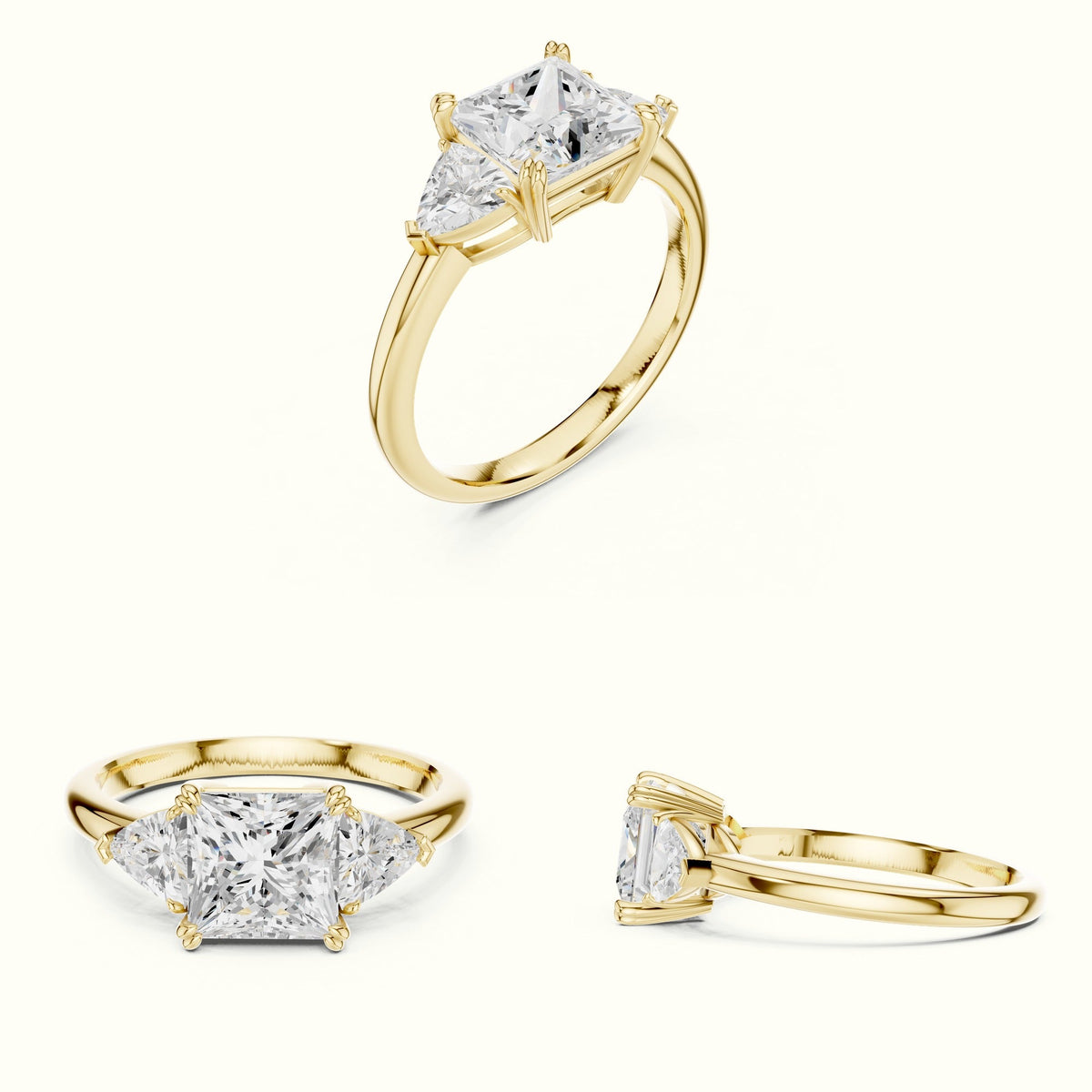 Princess Three-Stone Lab-Grown Diamond Ring — Yellow gold, on the hand | Crystal N Cuts