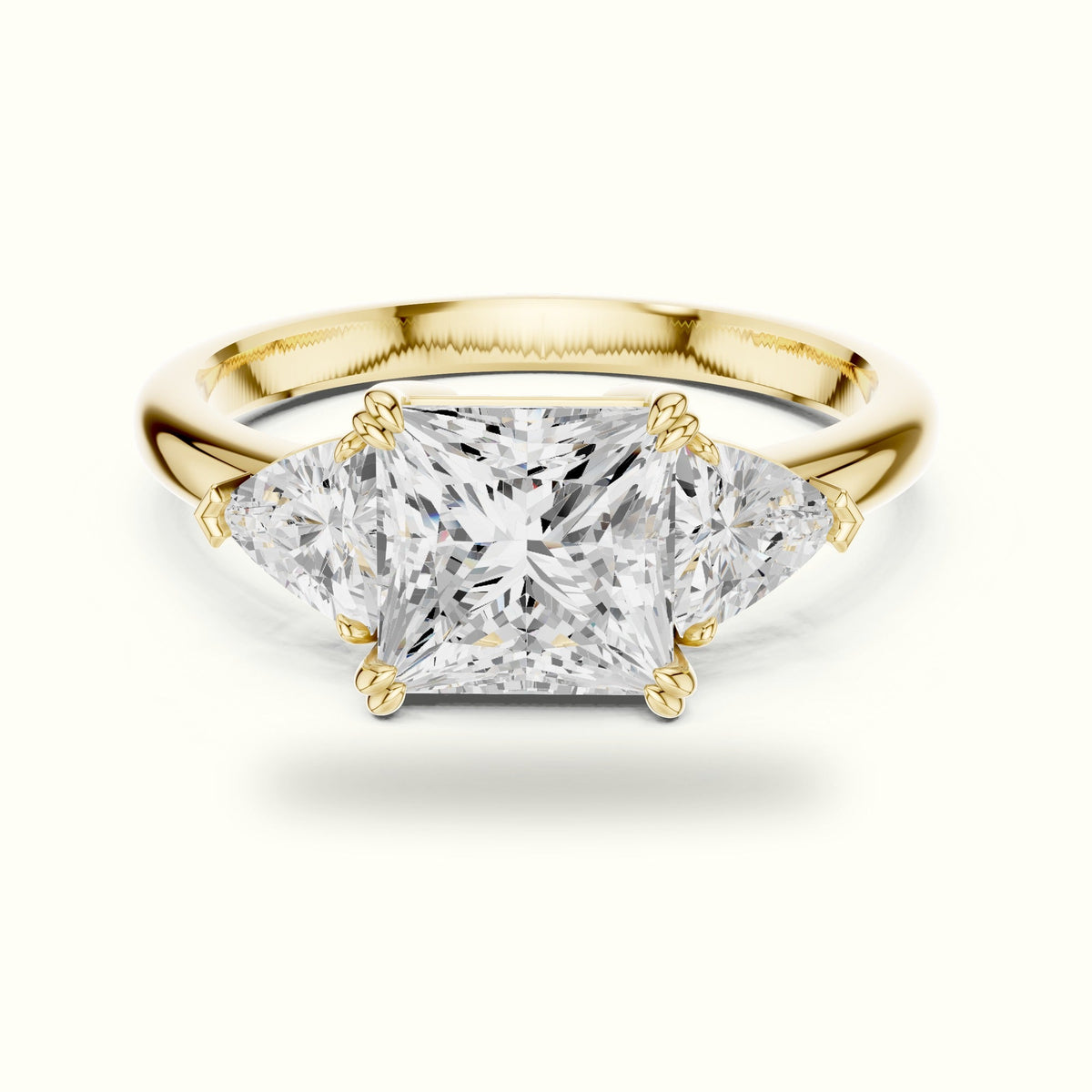 Princess Three-Stone Lab-Grown Diamond Ring — Yellow gold, front view | Crystal N Cuts