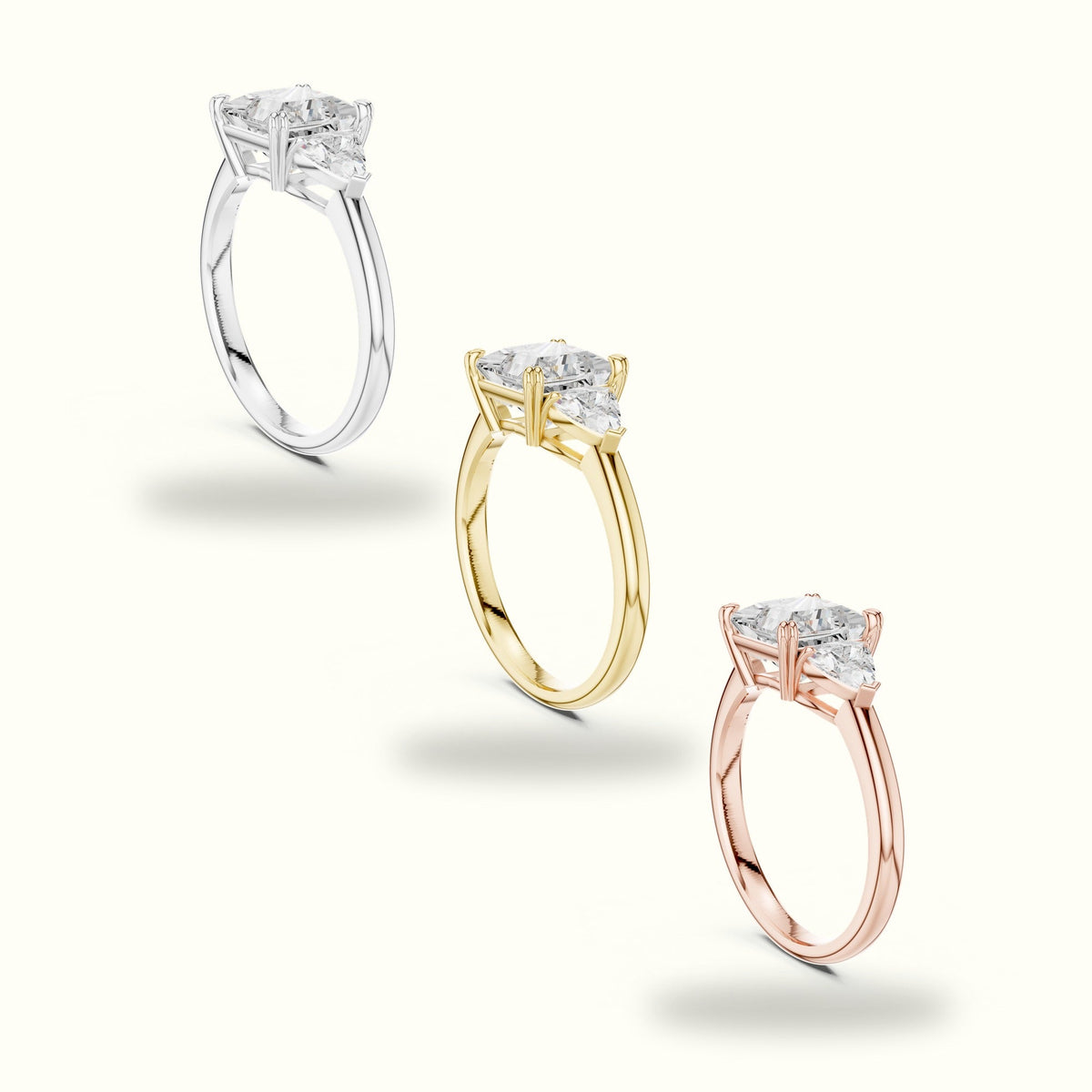 Princess Three-Stone Lab-Grown Diamond Ring — Yellow gold, in yellow, white and rose gold | Crystal N Cuts