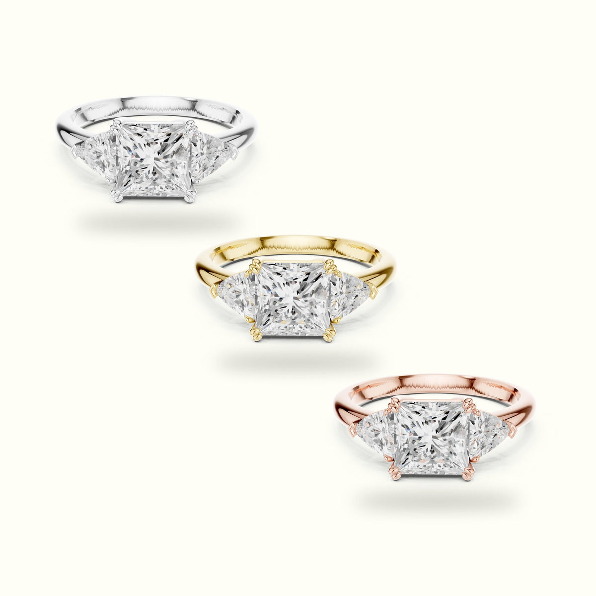 Princess Three-Stone Lab-Grown Diamond Ring — Rose gold, front view | Crystal N Cuts