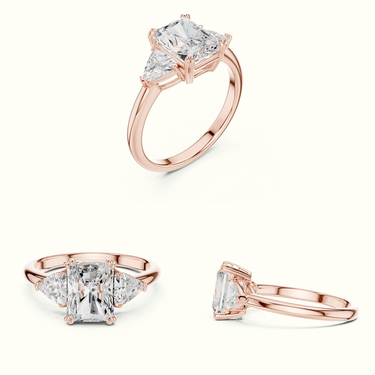 Radiant Basket Lab-Grown Diamond Three Stone Ring — Rose gold, on the hand | Crystal N Cuts