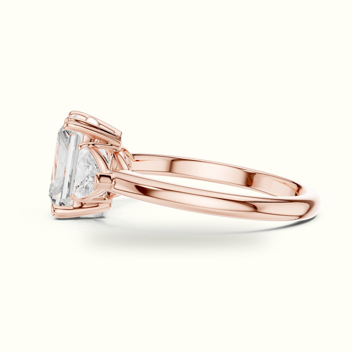 Radiant Basket Lab-Grown Diamond Three Stone Ring — Rose gold, view 3 | Crystal N Cuts