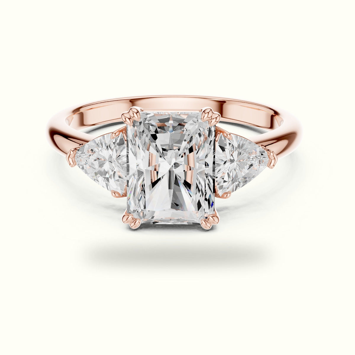 Radiant Basket Lab-Grown Diamond Three Stone Ring — Rose gold, front view | Crystal N Cuts