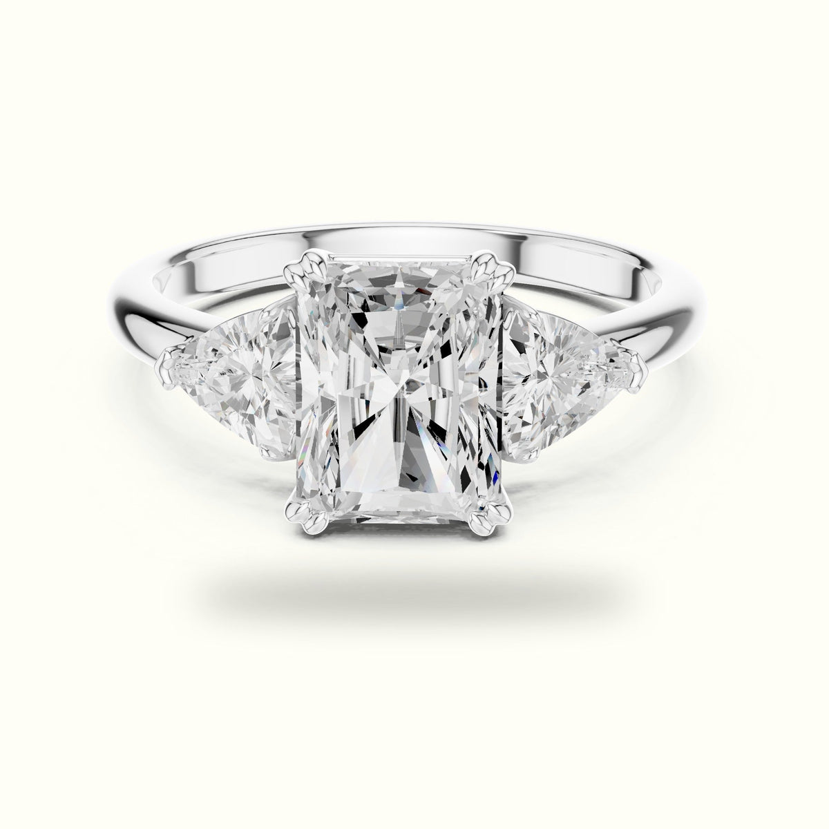 Radiant Basket Lab-Grown Diamond Three Stone Ring — White gold, front view | Crystal N Cuts