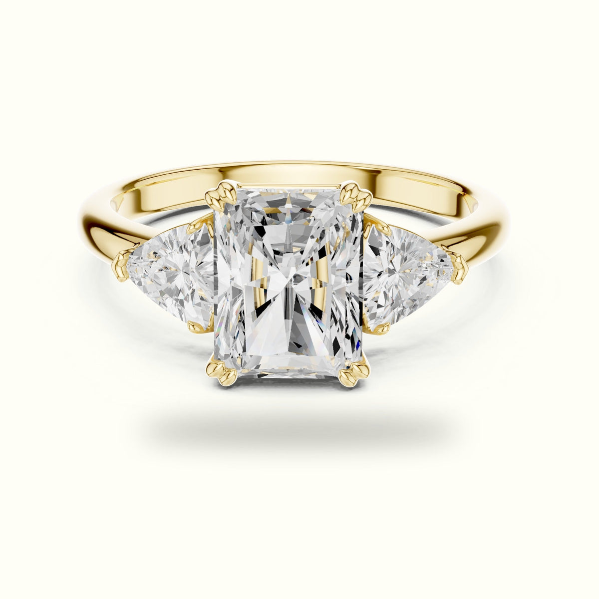 Radiant Basket Lab-Grown Diamond Three Stone Ring — Yellow gold, front view | Crystal N Cuts