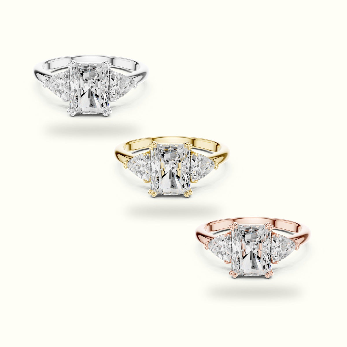 Radiant Basket Lab-Grown Diamond Three Stone Ring — Yellow gold, front view | Crystal N Cuts