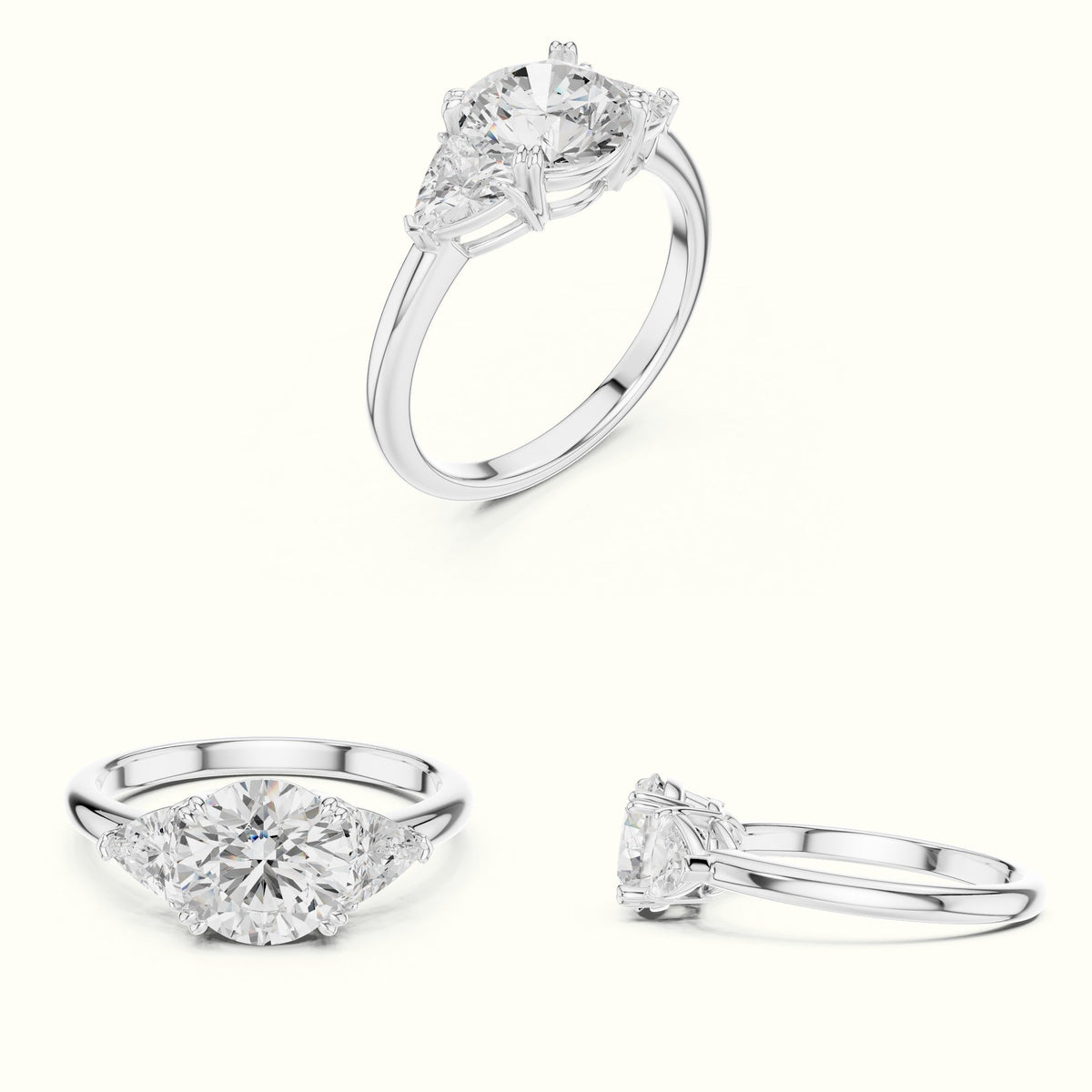 Round Three Stone Lab-Grown Diamond Ring — White gold, on the hand | Crystal N Cuts
