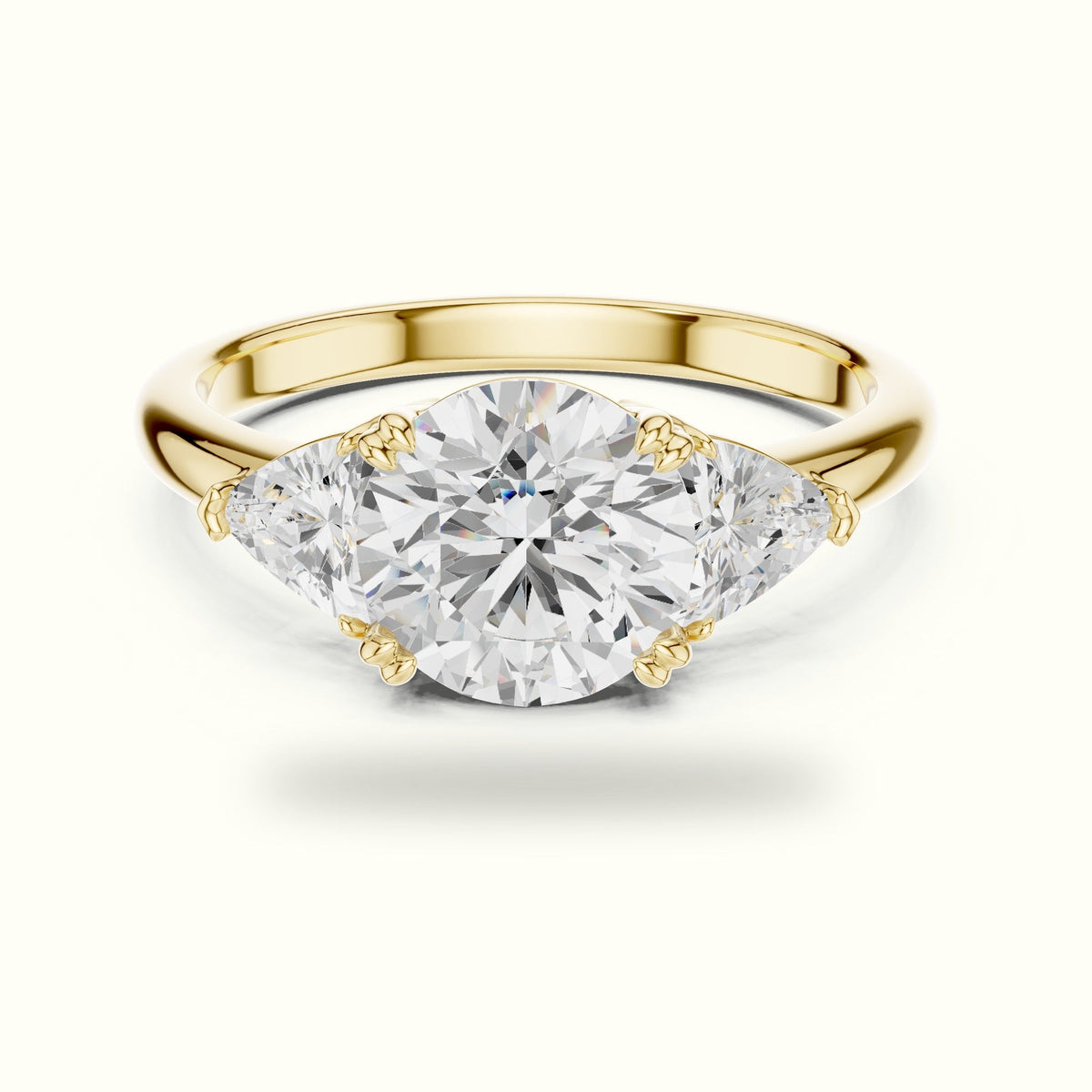 Round Three Stone Lab-Grown Diamond Ring — Yellow gold, front view | Crystal N Cuts