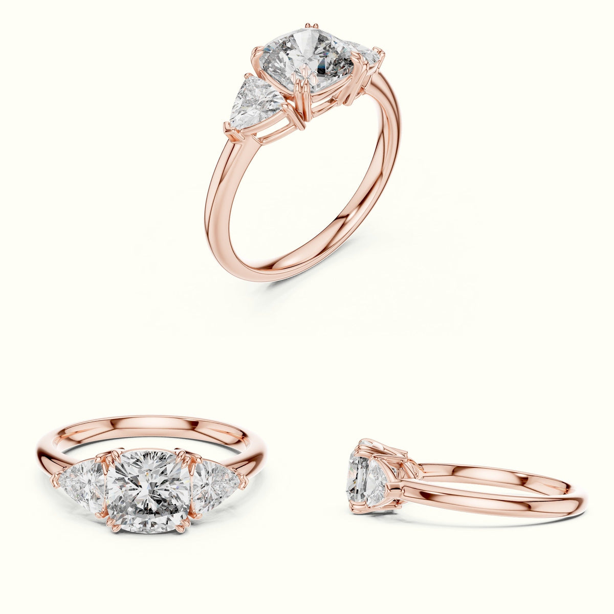 Cushion Three-Stone Basket Lab-Grown Diamond Ring — Rose gold, on the hand | Crystal N Cuts