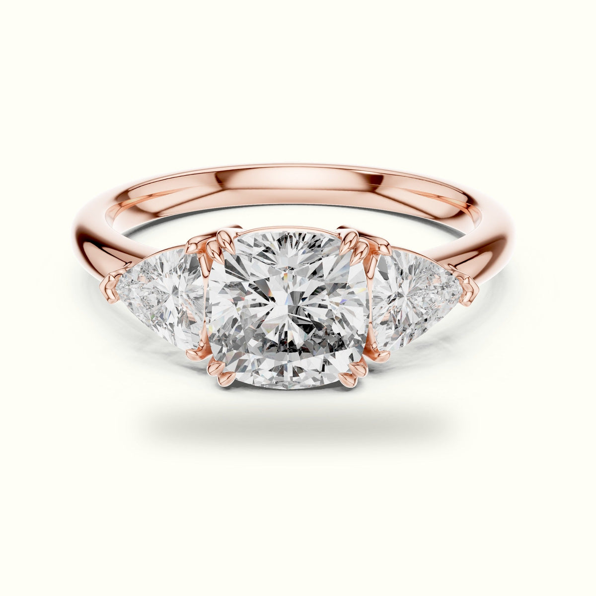 Cushion Three-Stone Basket Lab-Grown Diamond Ring — Rose gold, front view | Crystal N Cuts