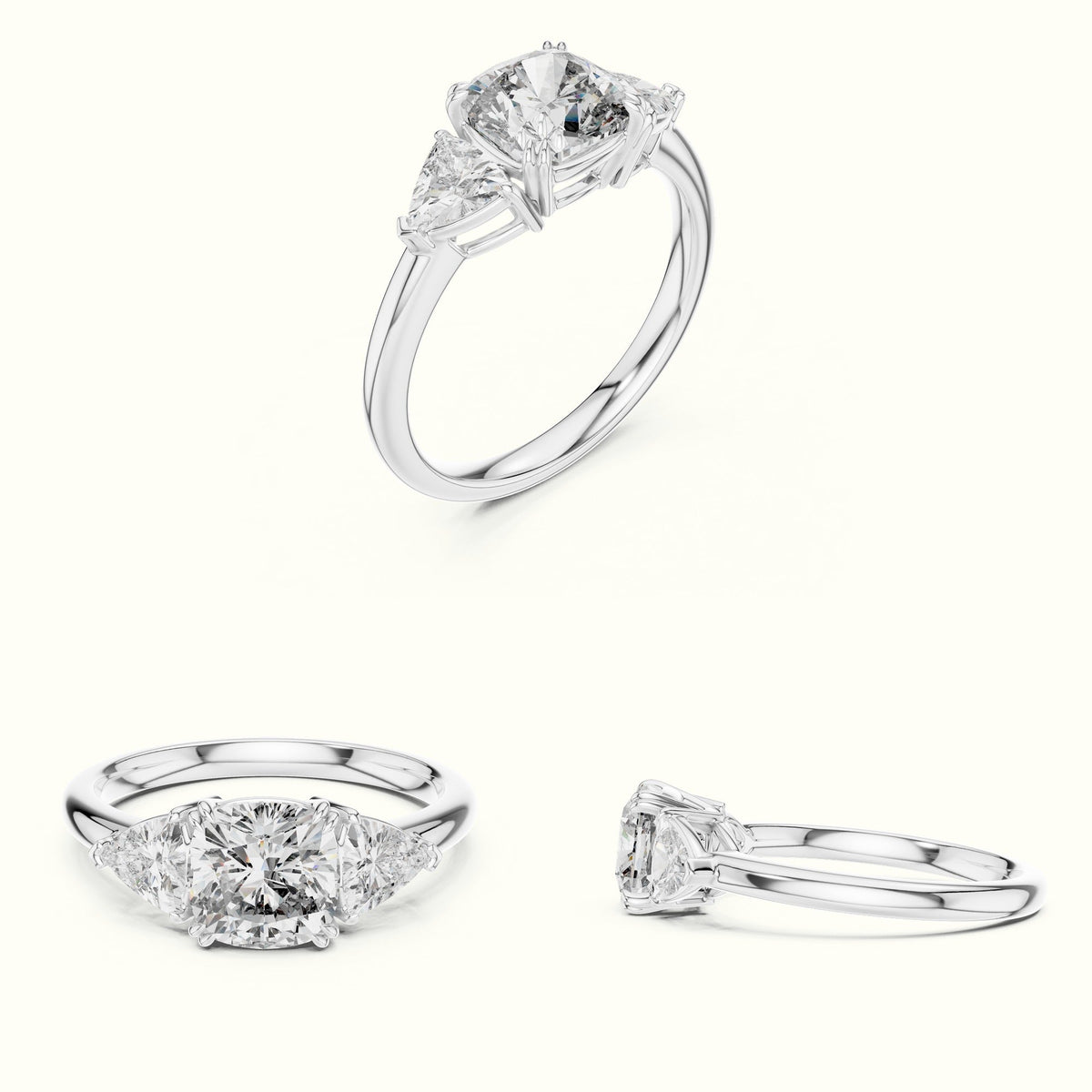 Cushion Three-Stone Basket Lab-Grown Diamond Ring — White gold, on the hand | Crystal N Cuts