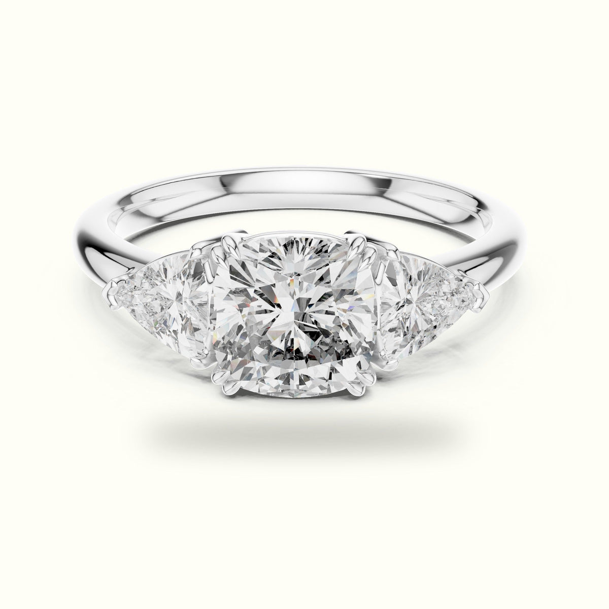 Cushion Three-Stone Basket Lab-Grown Diamond Ring — White gold, front view | Crystal N Cuts