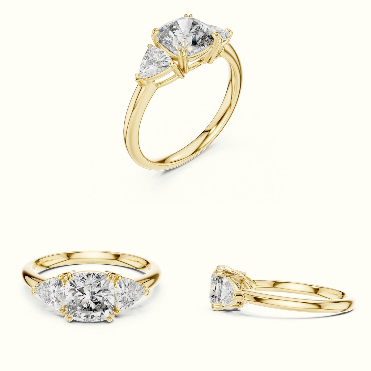Cushion Three-Stone Basket Lab-Grown Diamond Ring — Yellow gold, on the hand | Crystal N Cuts
