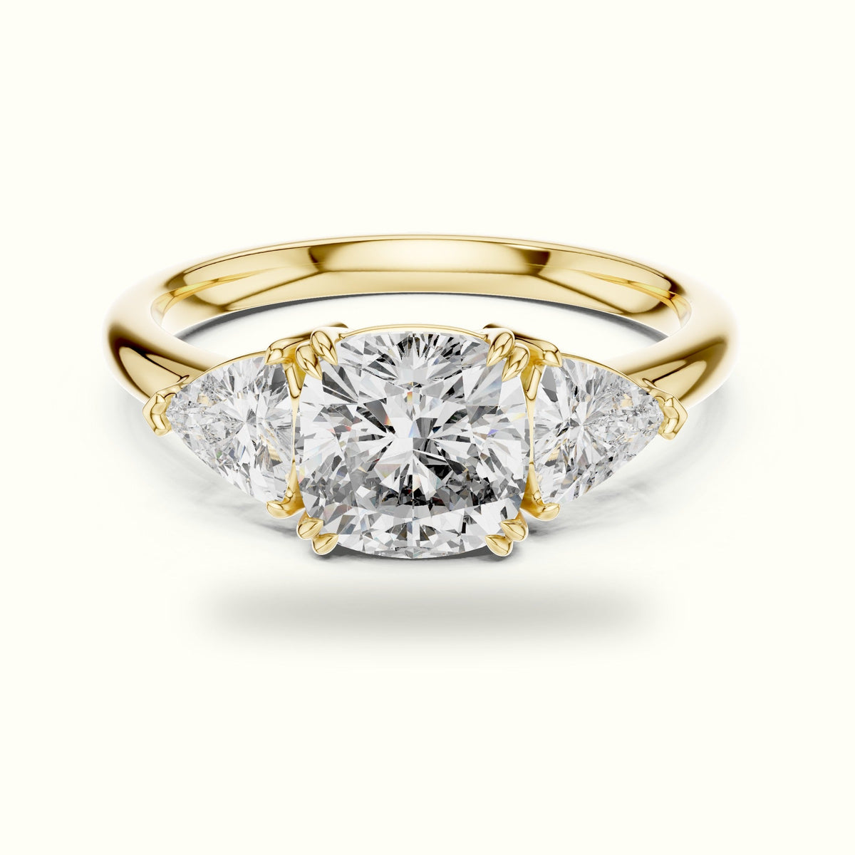 Cushion Three-Stone Basket Lab-Grown Diamond Ring — Yellow gold, front view | Crystal N Cuts