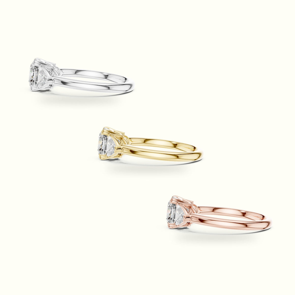 Cushion Three-Stone Basket Lab-Grown Diamond Ring — Yellow gold, in yellow, white and rose gold | Crystal N Cuts