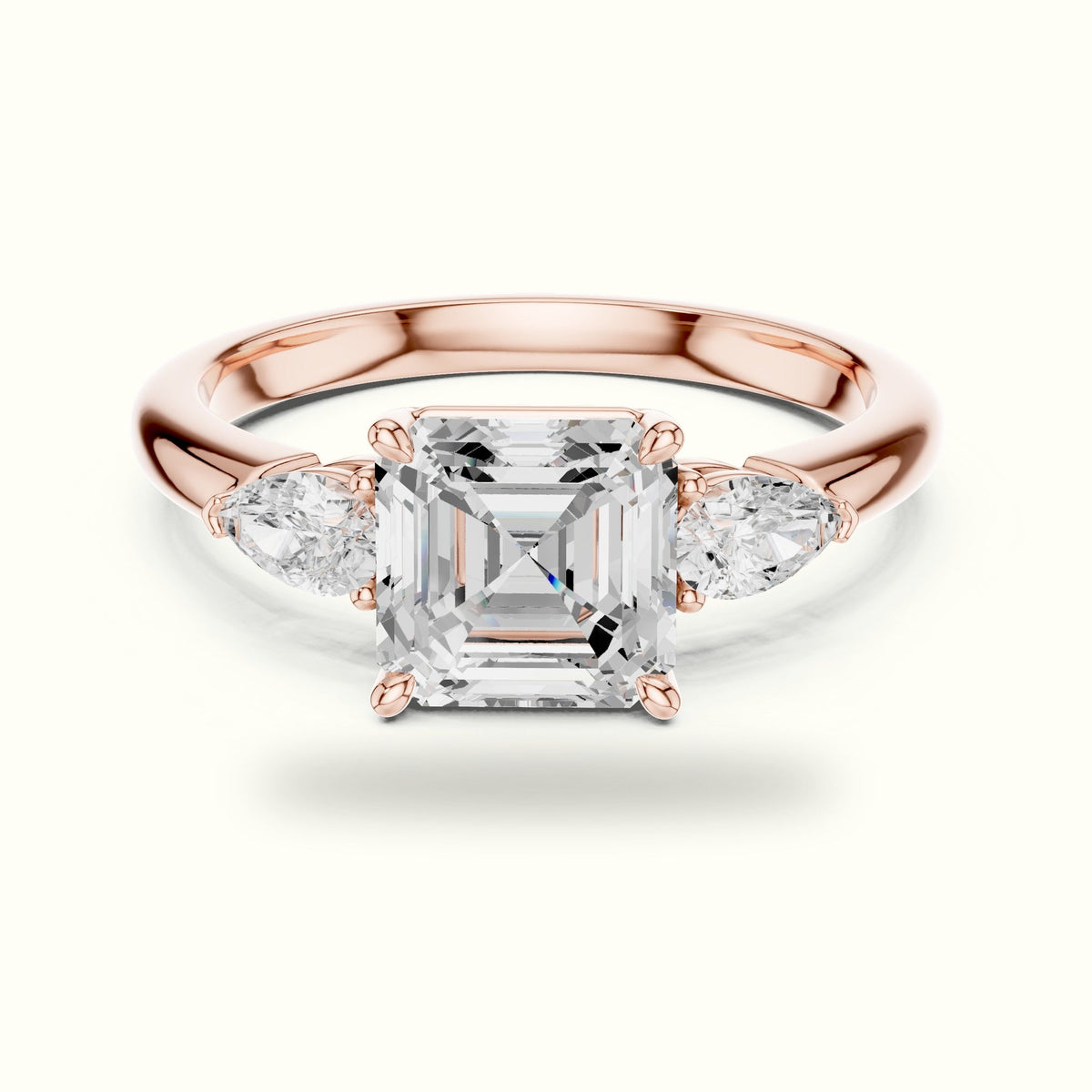 Asscher Lab-Grown Diamond Three Stone Ring — Rose gold, front view | Crystal N Cuts