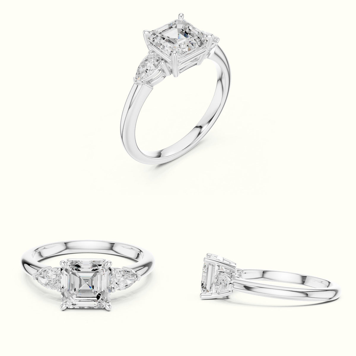 Asscher Lab-Grown Diamond Three Stone Ring — White gold, on the hand | Crystal N Cuts