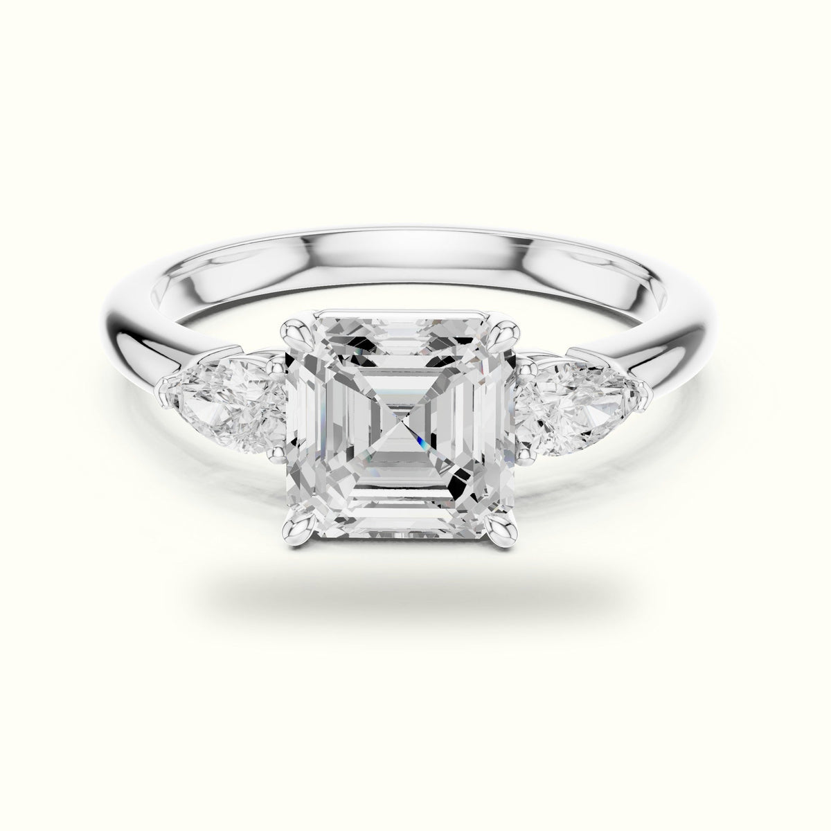 Asscher Lab-Grown Diamond Three Stone Ring — White gold, front view | Crystal N Cuts