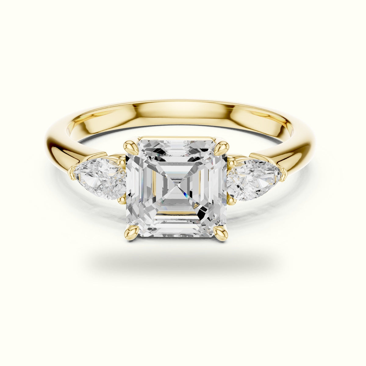 Asscher Lab-Grown Diamond Three Stone Ring — Yellow gold, front view | Crystal N Cuts