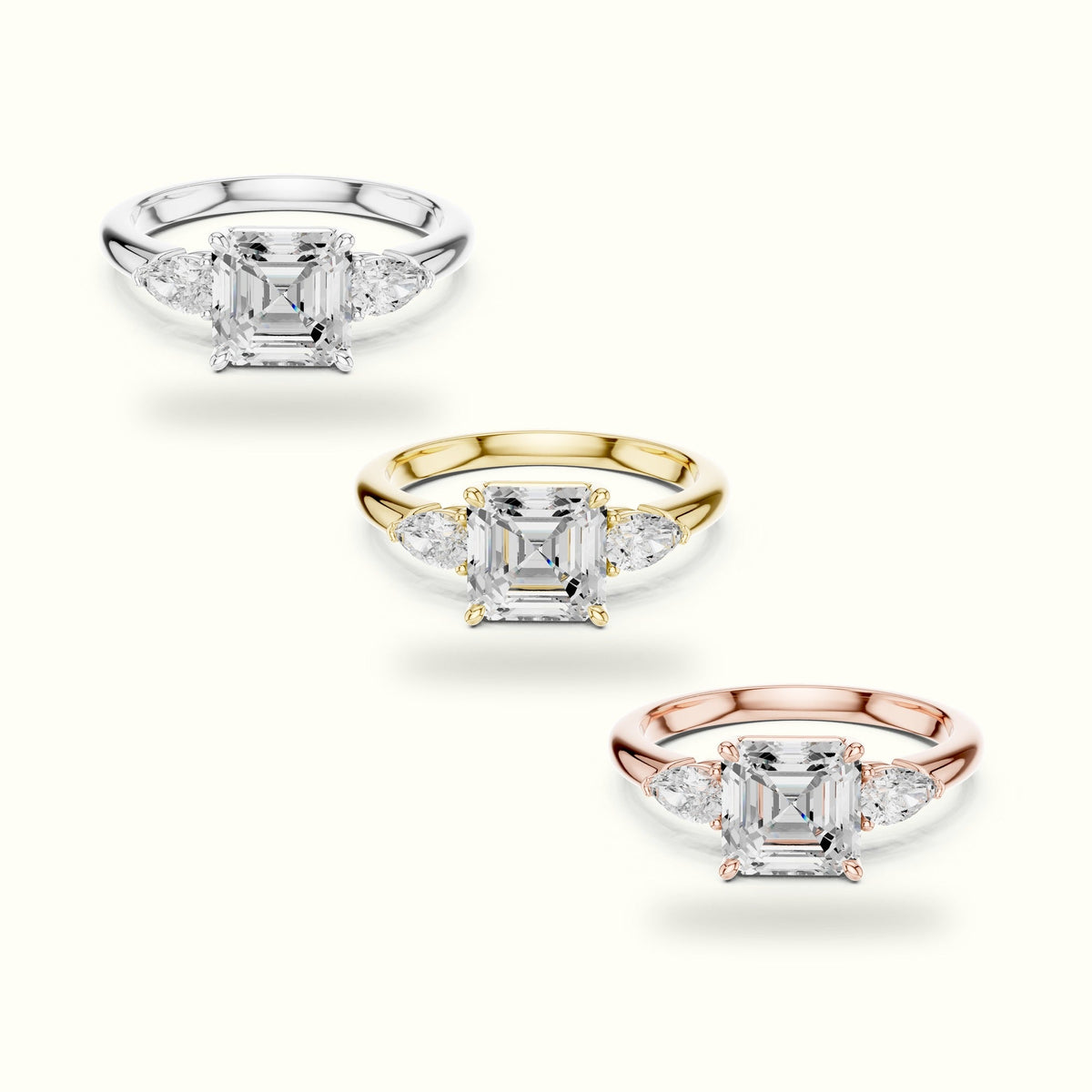 Asscher Lab-Grown Diamond Three Stone Ring — Rose gold, front view | Crystal N Cuts