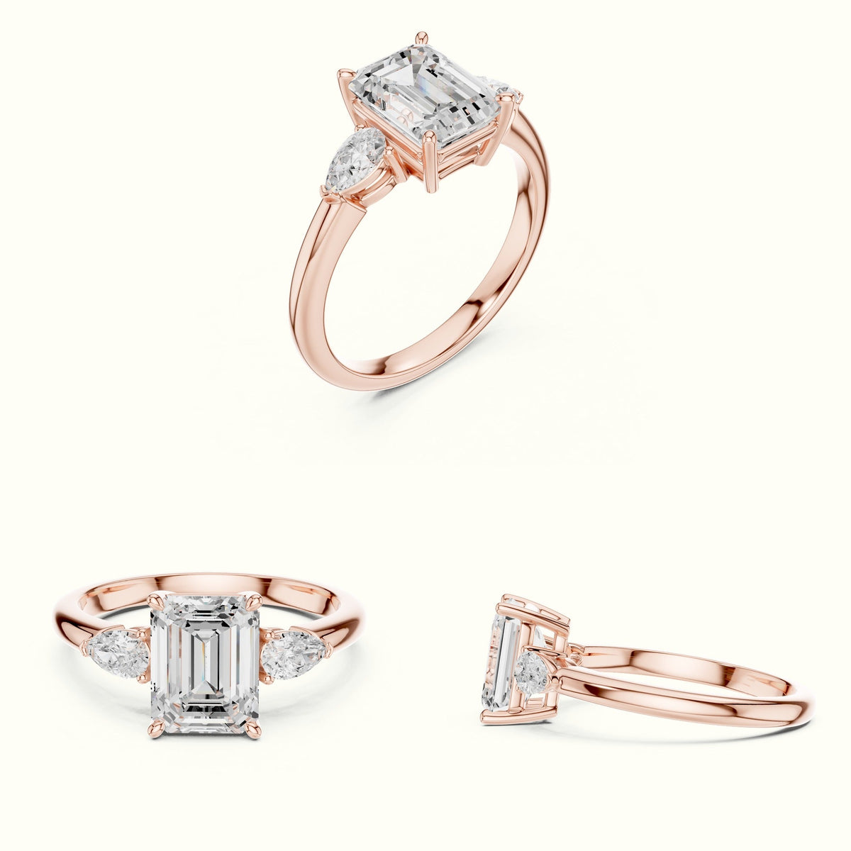 Emerald Three-Stone Basket Lab-Grown Diamond Ring — Rose gold, on the hand | Crystal N Cuts