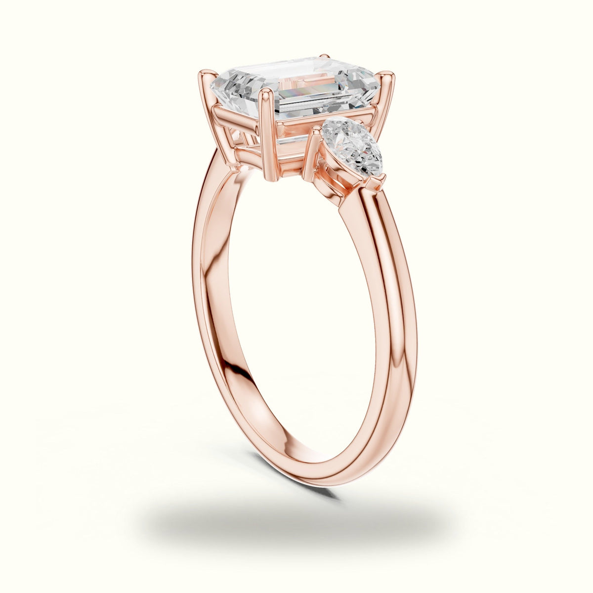 Emerald Three-Stone Basket Lab-Grown Diamond Ring — Rose gold, view 1 | Crystal N Cuts