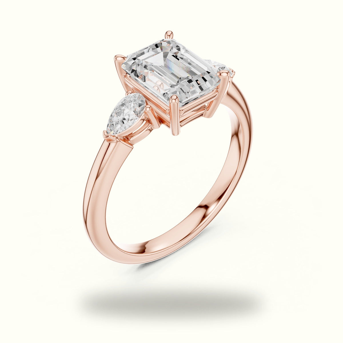 Emerald Three-Stone Basket Lab-Grown Diamond Ring — Rose gold, view 2 | Crystal N Cuts