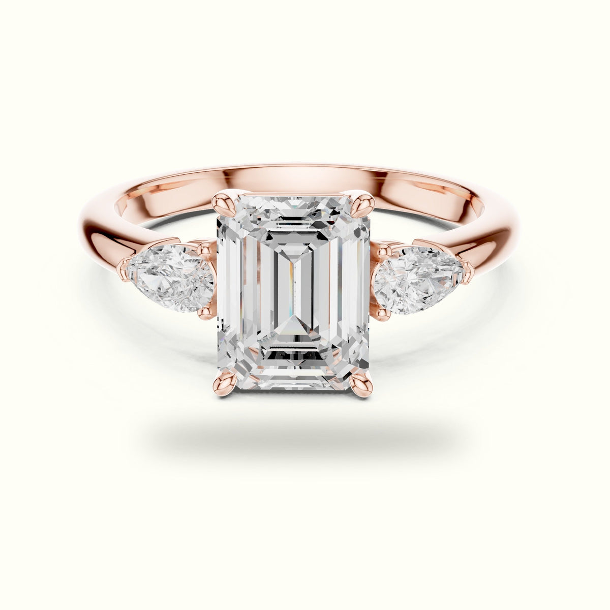 Emerald Three-Stone Basket Lab-Grown Diamond Ring — Rose gold, front view | Crystal N Cuts