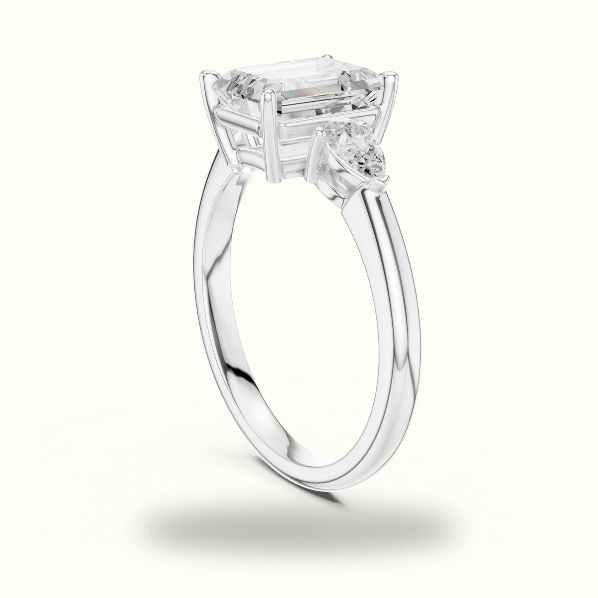 Emerald Three-Stone Basket Lab-Grown Diamond Ring — White gold, view 1 | Crystal N Cuts