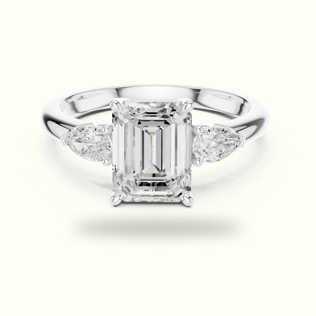 Emerald Three-Stone Basket Lab-Grown Diamond Ring — White gold, front view | Crystal N Cuts