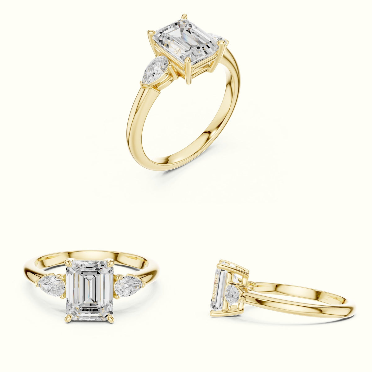 Emerald Three-Stone Basket Lab-Grown Diamond Ring — Yellow gold, on the hand | Crystal N Cuts