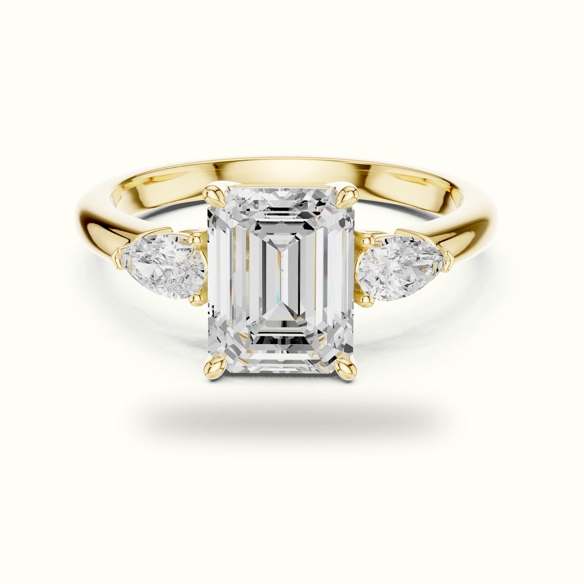 Emerald Three-Stone Basket Lab-Grown Diamond Ring — Yellow gold, front view | Crystal N Cuts