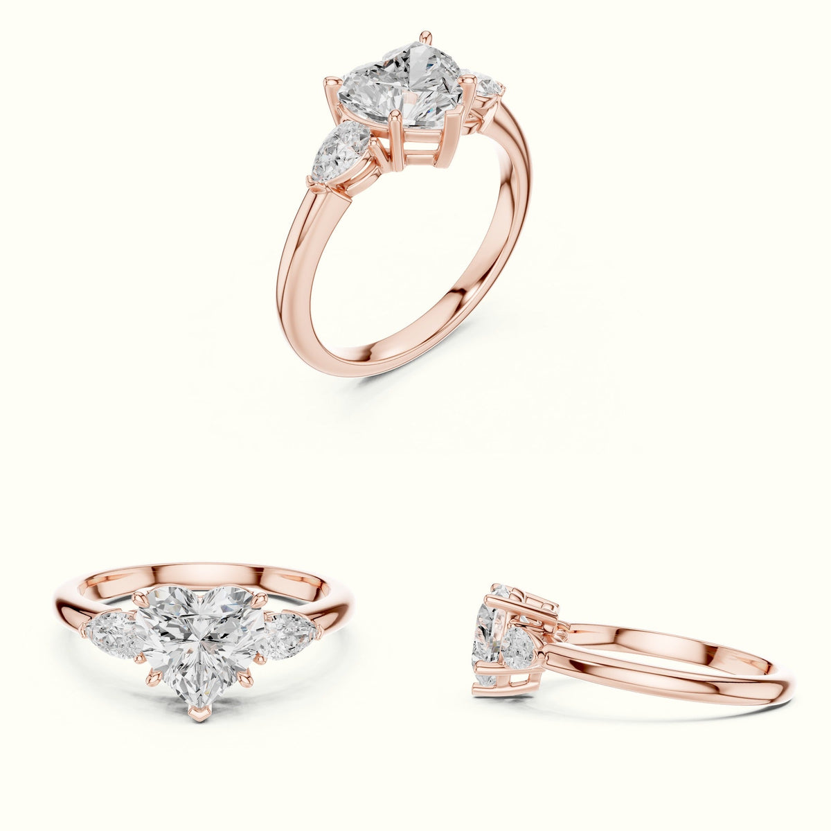 Heart Three-Stone Lab-Grown Diamond Ring — Rose gold, on the hand | Crystal N Cuts