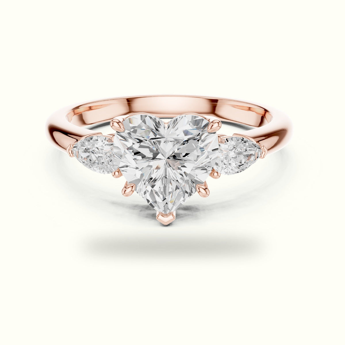 Heart Three-Stone Lab-Grown Diamond Ring — Rose gold, front view | Crystal N Cuts