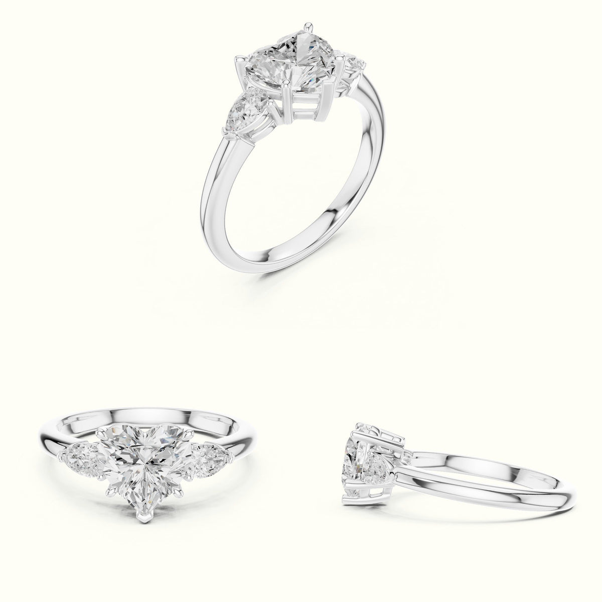 Heart Three-Stone Lab-Grown Diamond Ring — White gold, on the hand | Crystal N Cuts