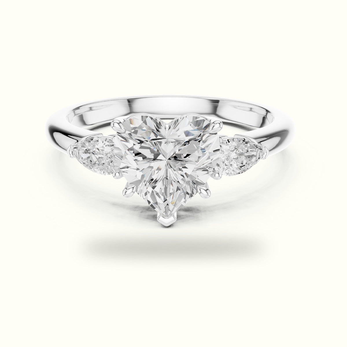 Heart Three-Stone Lab-Grown Diamond Ring — White gold, front view | Crystal N Cuts