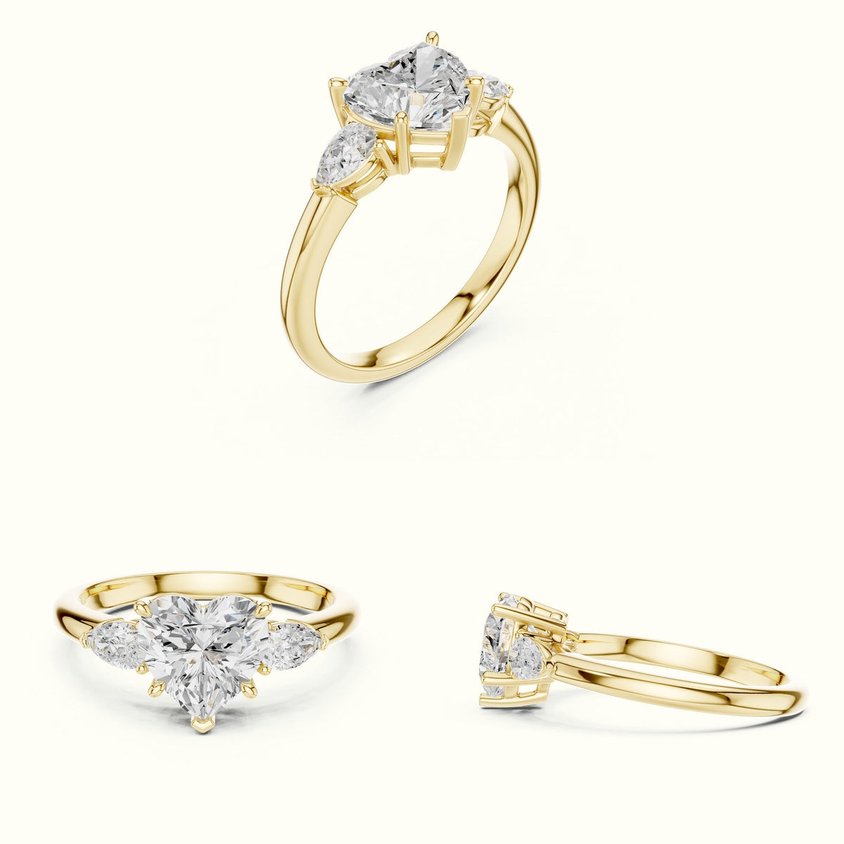 Heart Three-Stone Lab-Grown Diamond Ring — Yellow gold, on the hand | Crystal N Cuts