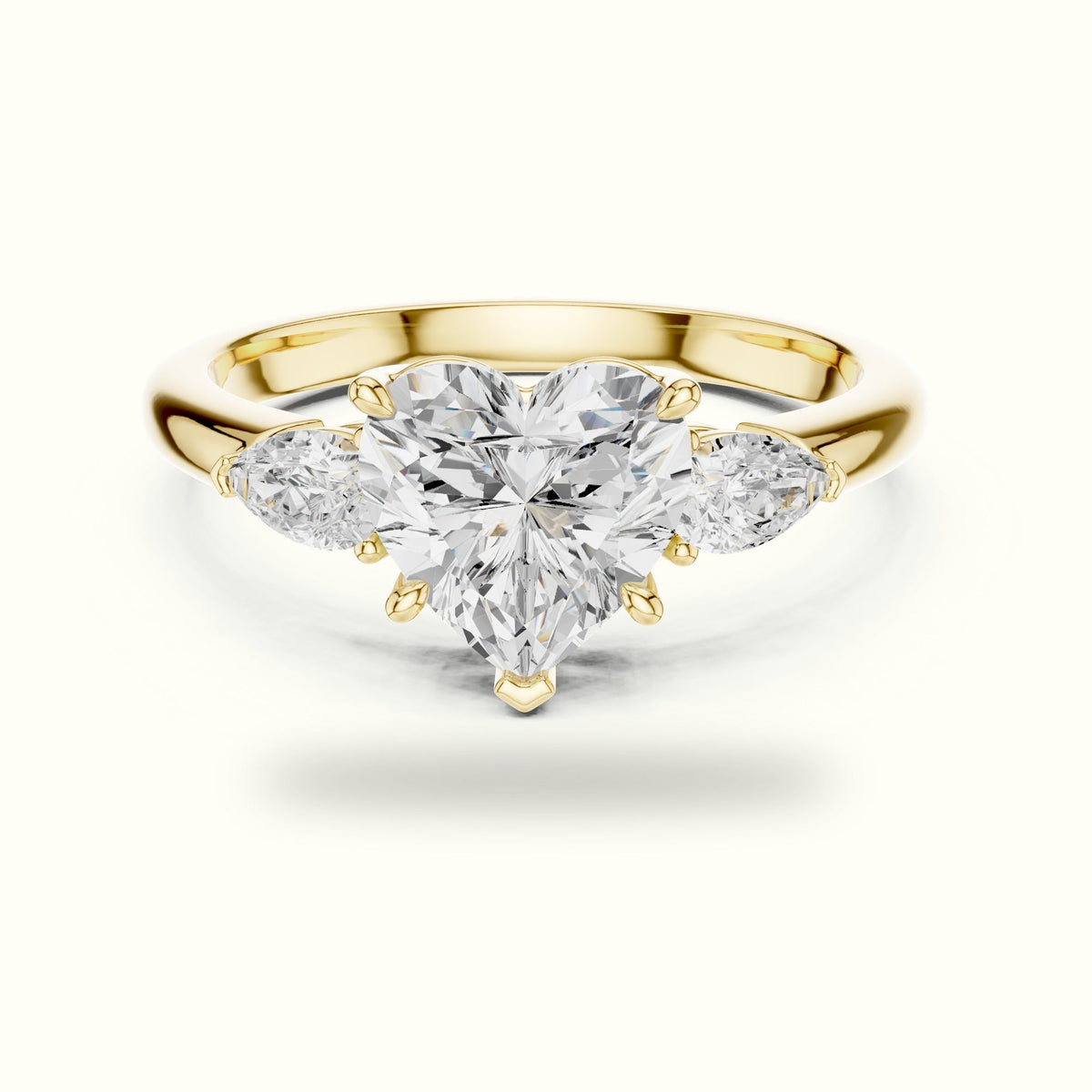 Heart Three-Stone Lab-Grown Diamond Ring — Yellow gold, front view | Crystal N Cuts