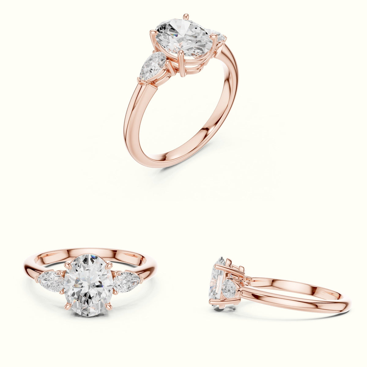 Oval Basket Lab-Grown Diamond Three Stone Ring — Rose gold, on the hand | Crystal N Cuts