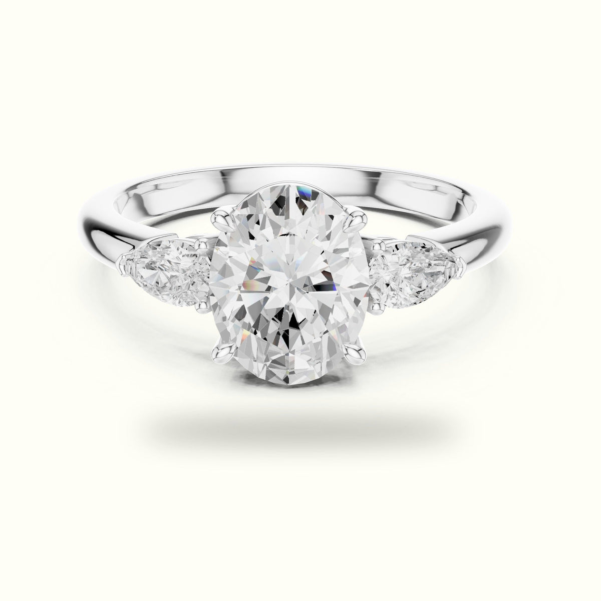 Oval Basket Lab-Grown Diamond Three Stone Ring — White gold, front view | Crystal N Cuts