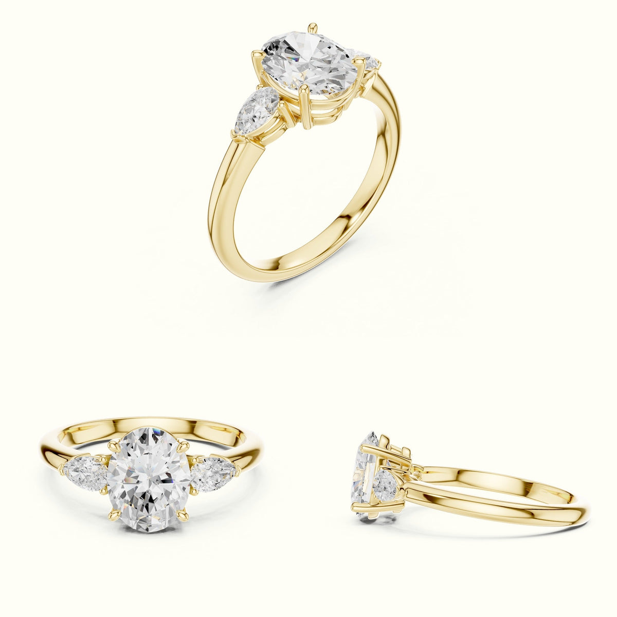 Oval Basket Lab-Grown Diamond Three Stone Ring — Yellow gold, on the hand | Crystal N Cuts
