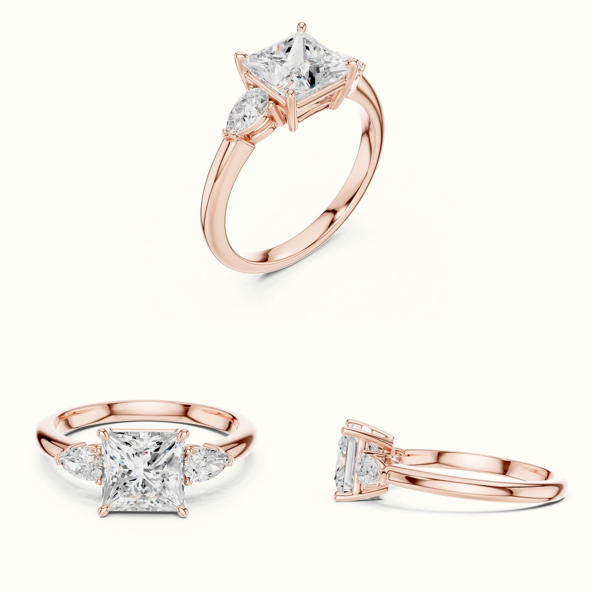 Princess Three-Stone Basket Lab-Grown Diamond Ring — Rose gold, on the hand | Crystal N Cuts