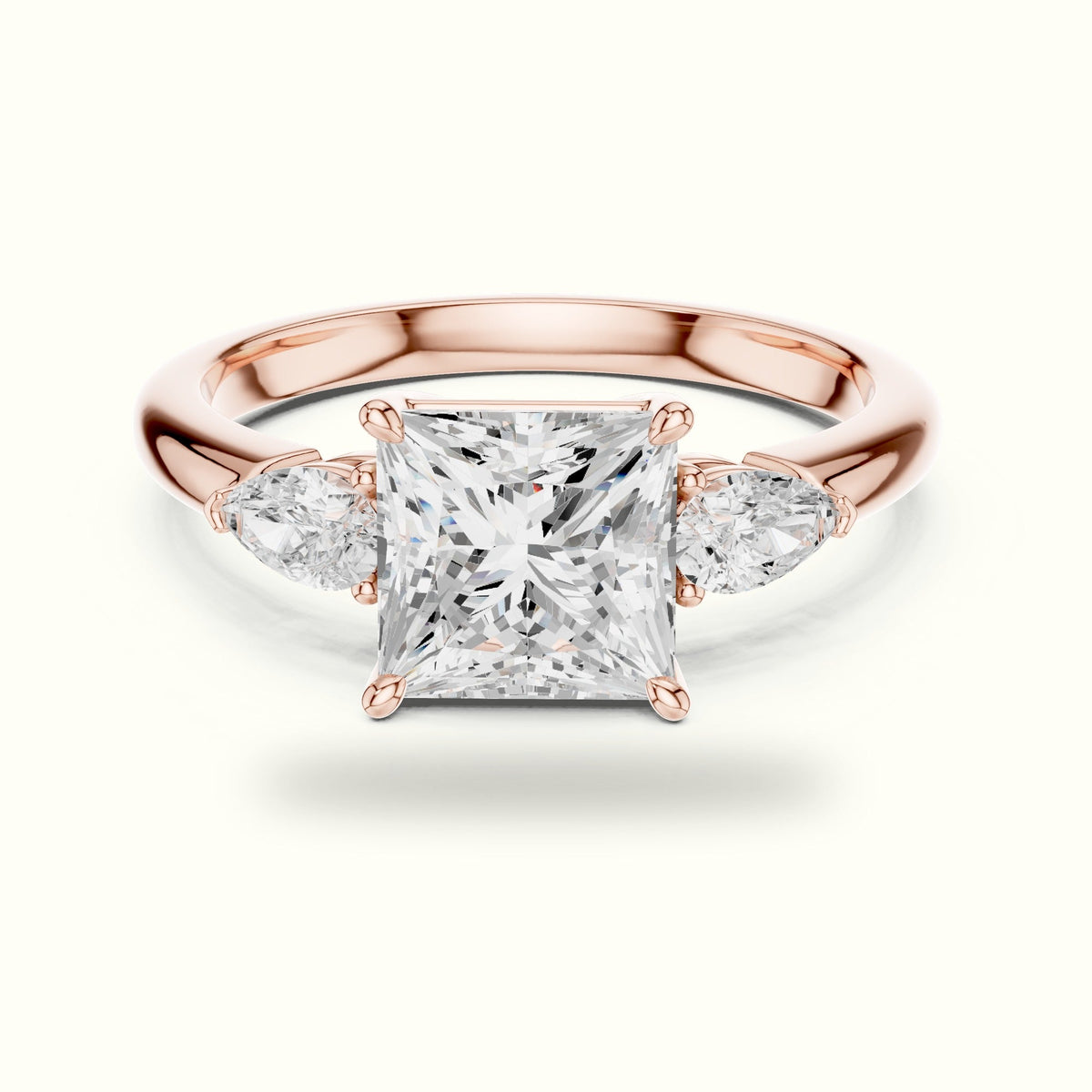 Princess Three-Stone Basket Lab-Grown Diamond Ring — Rose gold, front view | Crystal N Cuts