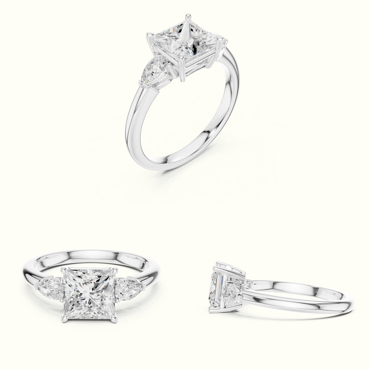 Princess Three-Stone Basket Lab-Grown Diamond Ring — White gold, on the hand | Crystal N Cuts