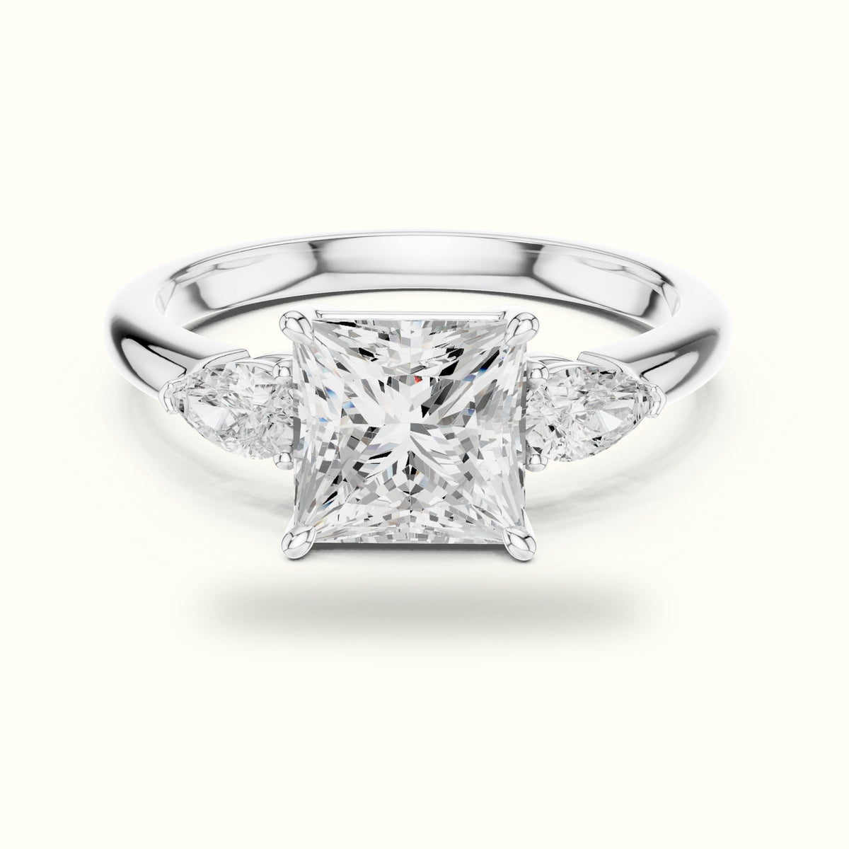 Princess Three-Stone Basket Lab-Grown Diamond Ring — White gold, front view | Crystal N Cuts