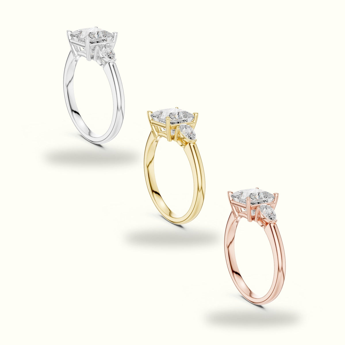 Princess Three-Stone Basket Lab-Grown Diamond Ring — Yellow gold, in yellow, white and rose gold | Crystal N Cuts