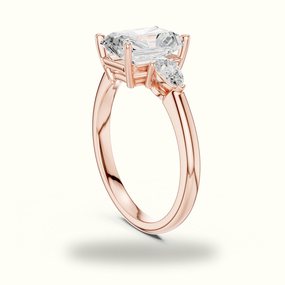Radiant Basket Lab-Grown Diamond Three Stone Ring — Rose gold, view 1 | Crystal N Cuts