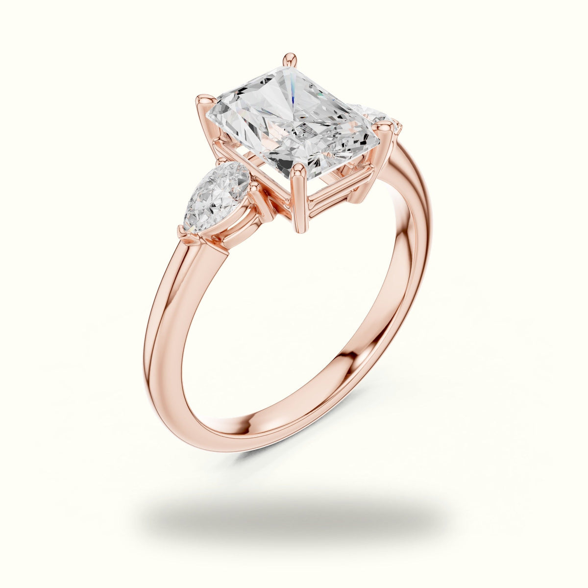 Radiant Basket Lab-Grown Diamond Three Stone Ring — Rose gold, view 2 | Crystal N Cuts